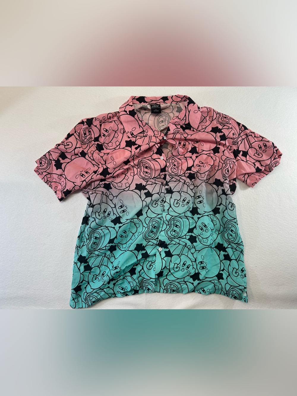 Pink & Teal Short Sleeve button down Hawaiian style shirt Kirby Nintendo men XXL